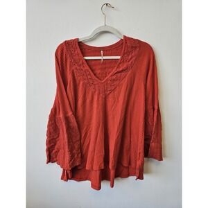 Free People Parisian Nights‎ Eyelet Top Red Medium Blouse Shirt Big Sleeves